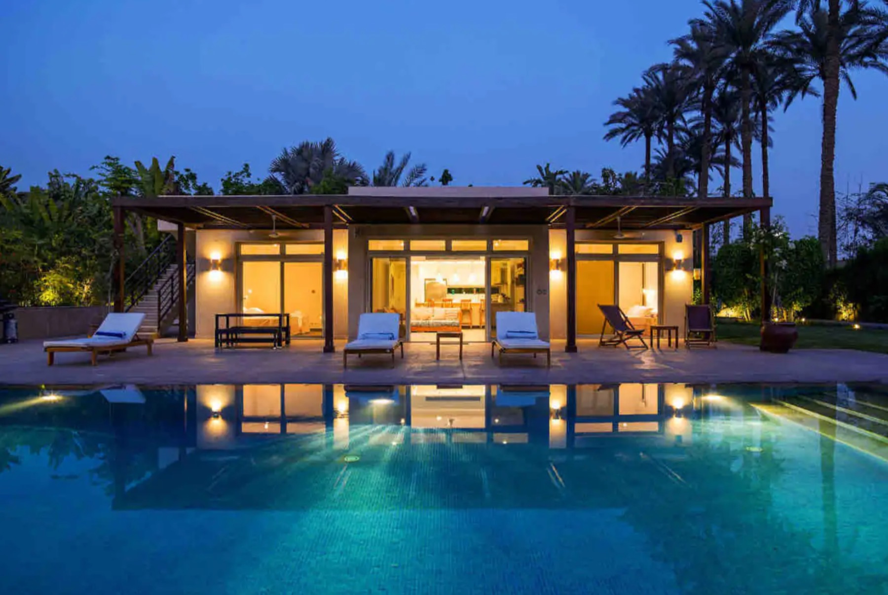 Private pyramid-view villa at dusk